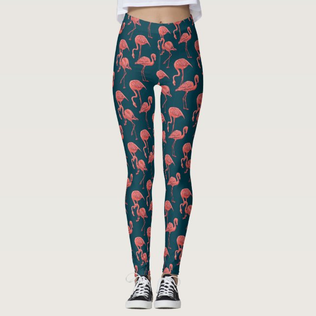 Living coral flamingo pattern leggings (Front)