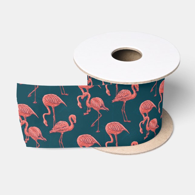 Living coral flamingo pattern satin ribbon (Spool)