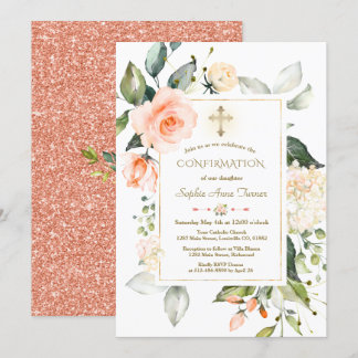 Living Coral Floral Frame Glitter Baptism Invitation