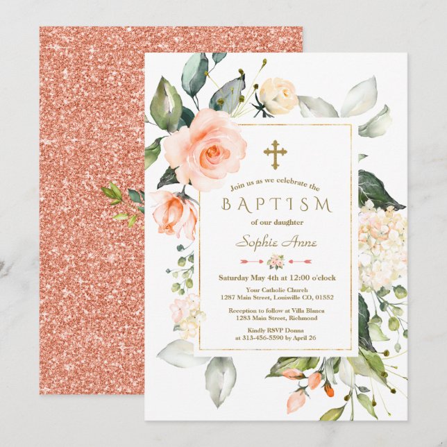 Living Coral Floral Frame Glitter Baptism Invitation (Front/Back)