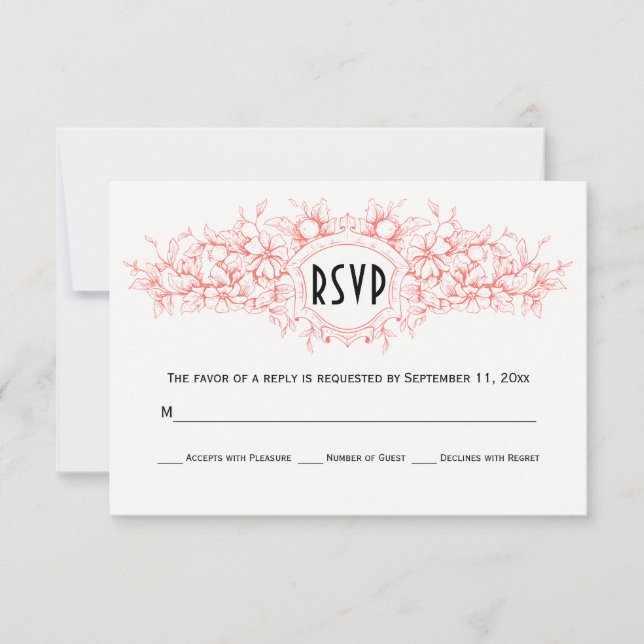 Living coral floral heraldic crest wedding RSVP (Front)