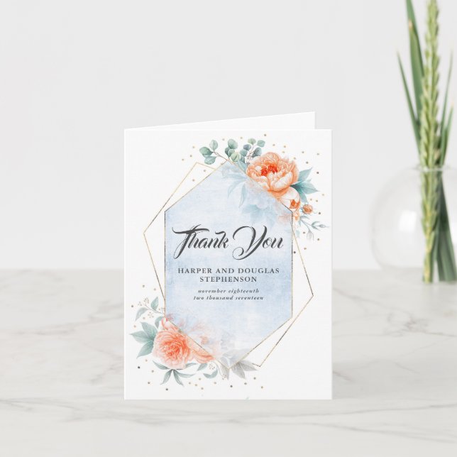 Living Coral Floral Modern Wedding Thank You (Front)
