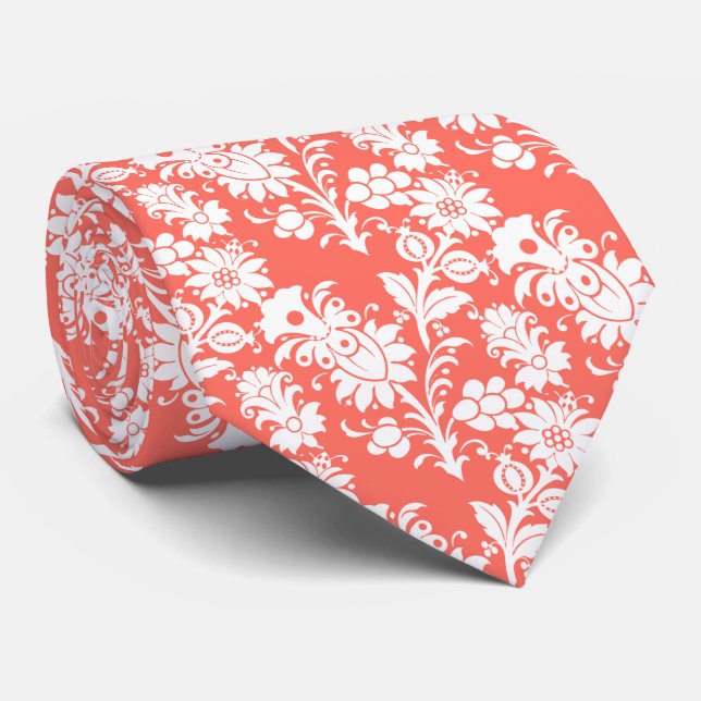 Living Coral Floral Pattern Groomsmen Wedding Tie (Rolled)