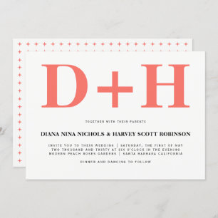 Living coral initials bold typography wedding invitation