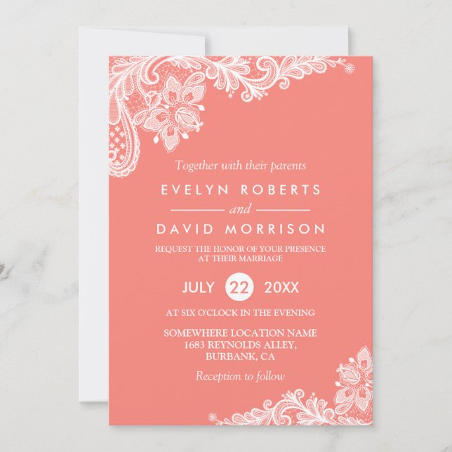 Living Coral Lace Beautiful Wedding Invitation (Front)