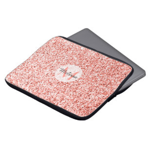 Living coral light glitter Sparkles Monogram Laptop Sleeve