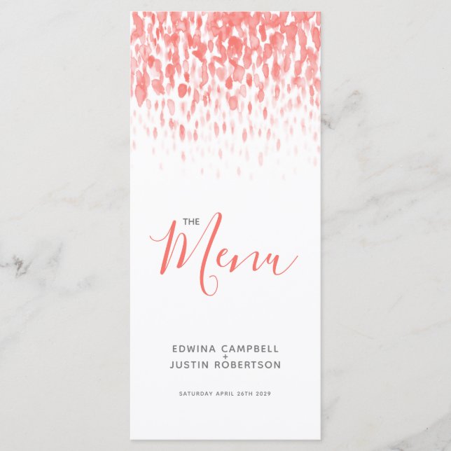 Living coral modern art dab wedding menu (Front)