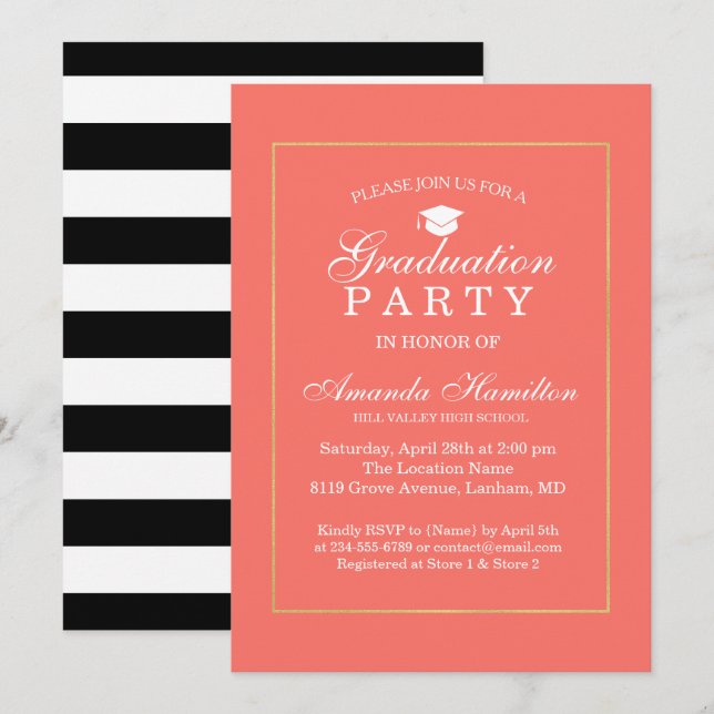 Living Coral Modern Classic gold Frame Graduation Invitation (Front/Back)