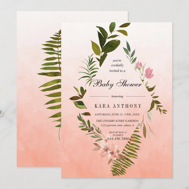 Living Coral Ombre  Forest Fern Baby Shower Invitation (Front/Back)
