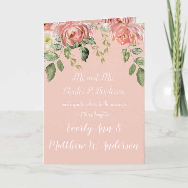 Living Coral Pink or any colour Floral Wedding Invitation (Front)