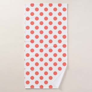Living coral polka dots on white bath towel