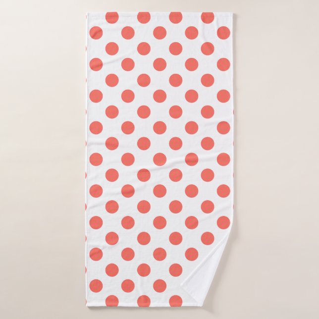 Living coral polka dots on white bath towel (Bath Towel)