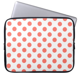 Living coral polka dots on white laptop sleeve