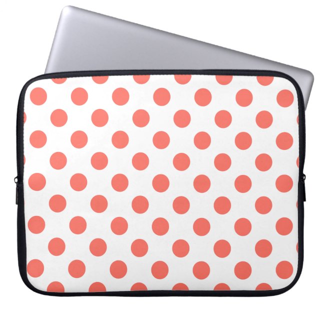 Living coral polka dots on white laptop sleeve (Front)