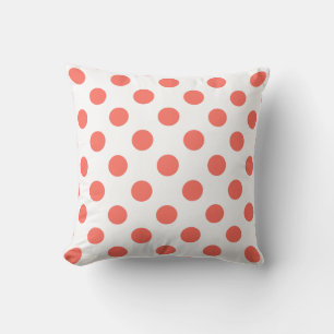 Living coral polka dots on white throw pillow