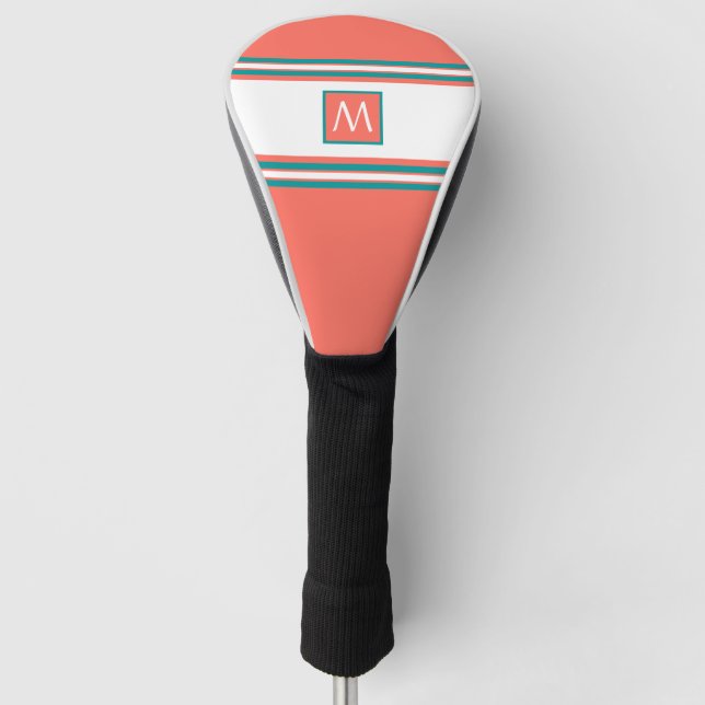 Living Coral Teal Monogram Modern Typographic Golf Head Cover (Front)