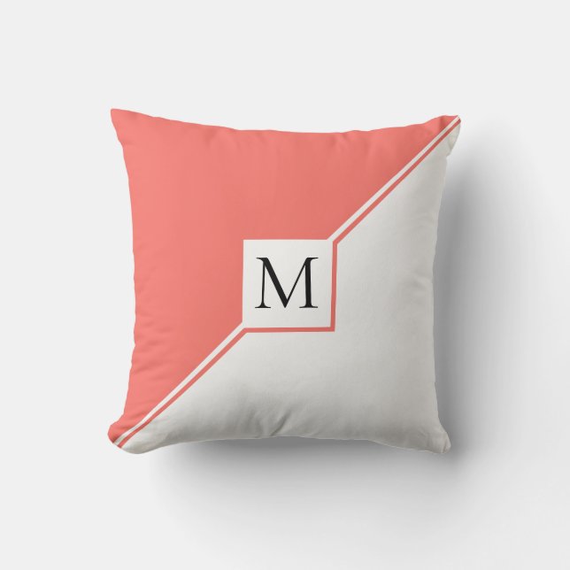 Living coral triangles and monogram modern throw pillow (Front)