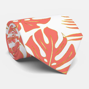 Living coral tropical monstera and palm leaves tie