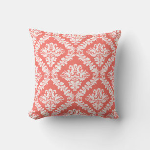 Living coral, white damask pattern throw pillow