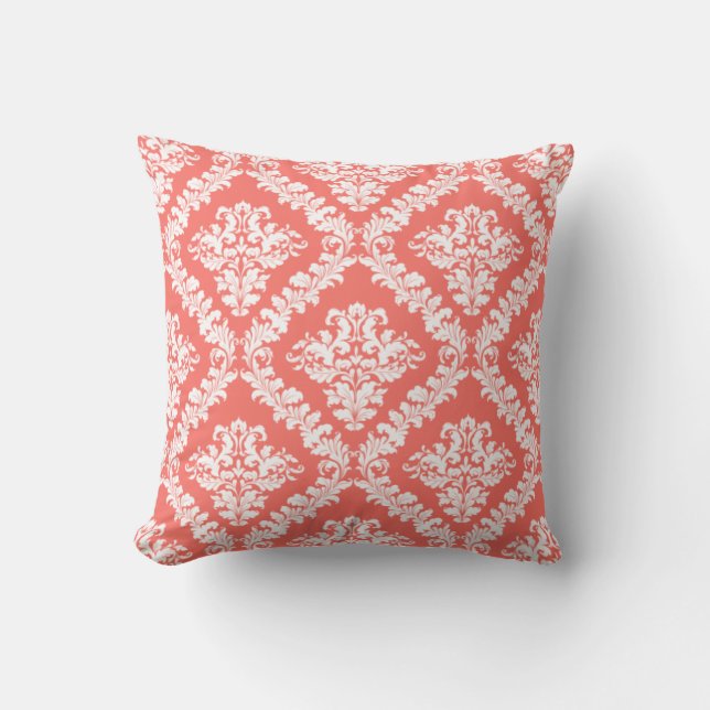Living coral, white damask pattern throw throw pillow (Front)