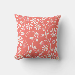 Living coral, white floral pattern throw pillow