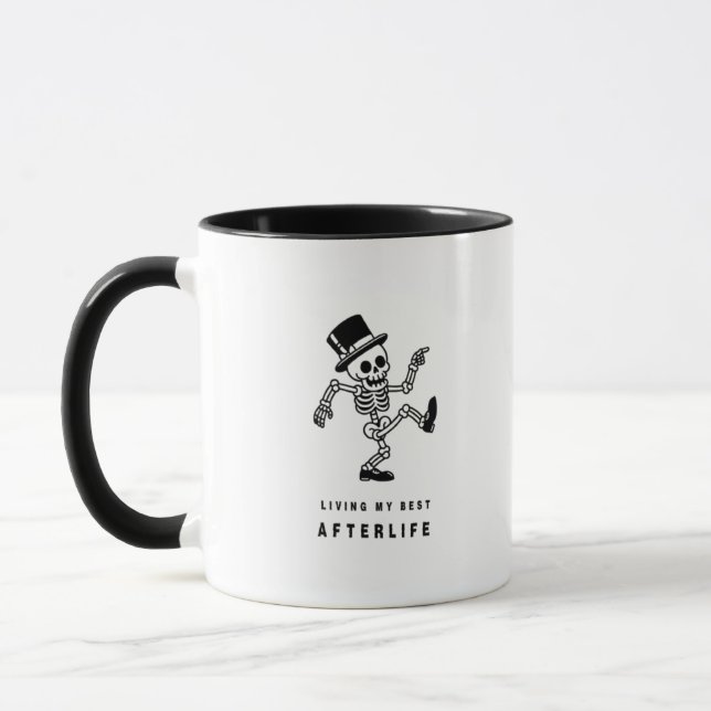 living my best afterlife happy skeleton mug (Left)