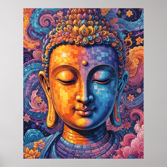 Living Room Colourful Abstract Buddha Pixel Art Poster (Front)