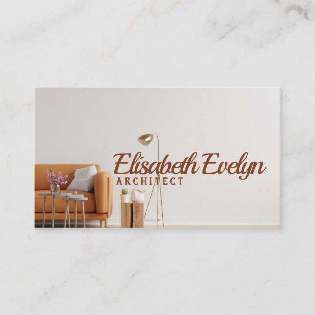 Living room interior wall in warm tones with leath business card (Front)