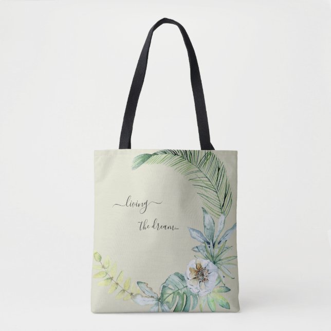 Living the Dream Tropical Foliage Beige Tote Bag (Front)
