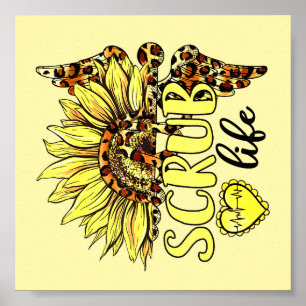 Living The Scrub Life Nurse Sunflower Leopard Nurs Poster