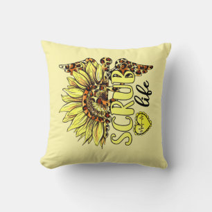 Living The Scrub Life Nurse Sunflower Leopard Nurs Throw Pillow