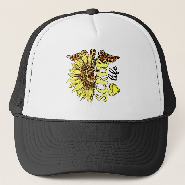 Living The Scrub Life Nurse Sunflower Leopard Nurs Trucker Hat (Front)