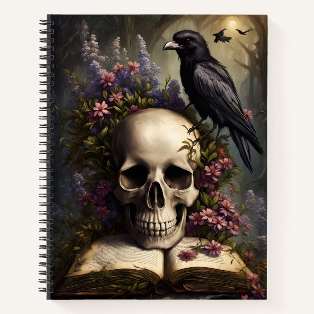 Livre crâne corbeau et fleurs carnet gothique (Devant)