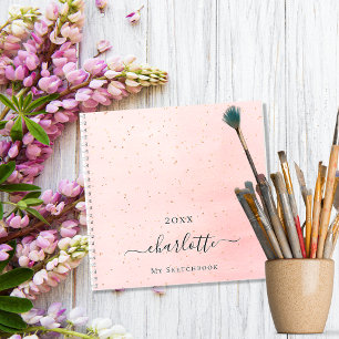 Livre de croquis rouge or rose nom script scintill