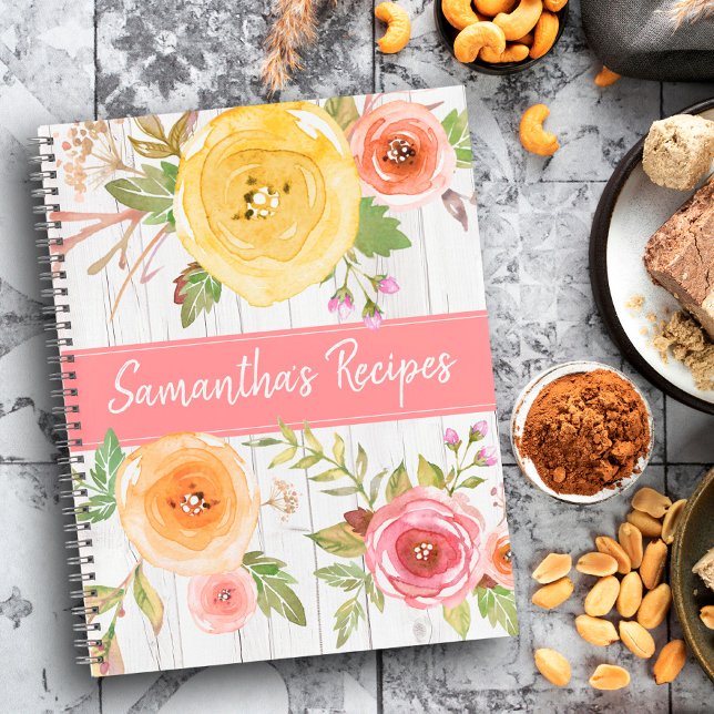 Livre de recettes, aquarelle florale sur bois rust (Créateur téléchargé)