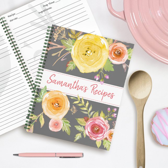 Livre de recettes jaune rose aquarelle florale gri (Créateur téléchargé)