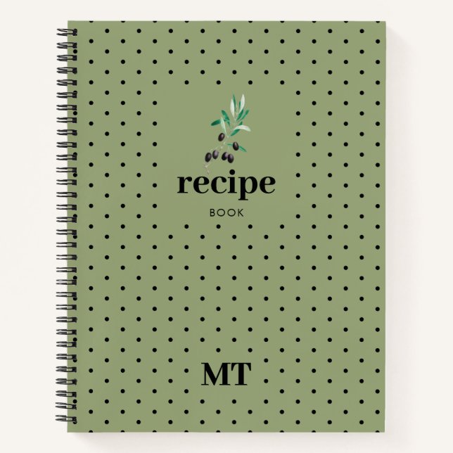 Livre de recettes vert olive Monogramme minimalist (Devant)