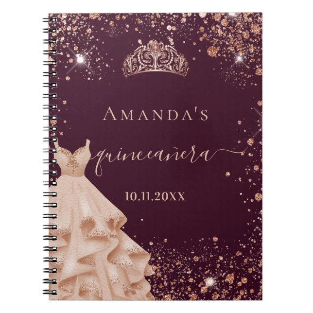 Livre d'hôte Quinceanera bourgogne rose or tiara (Devant)
