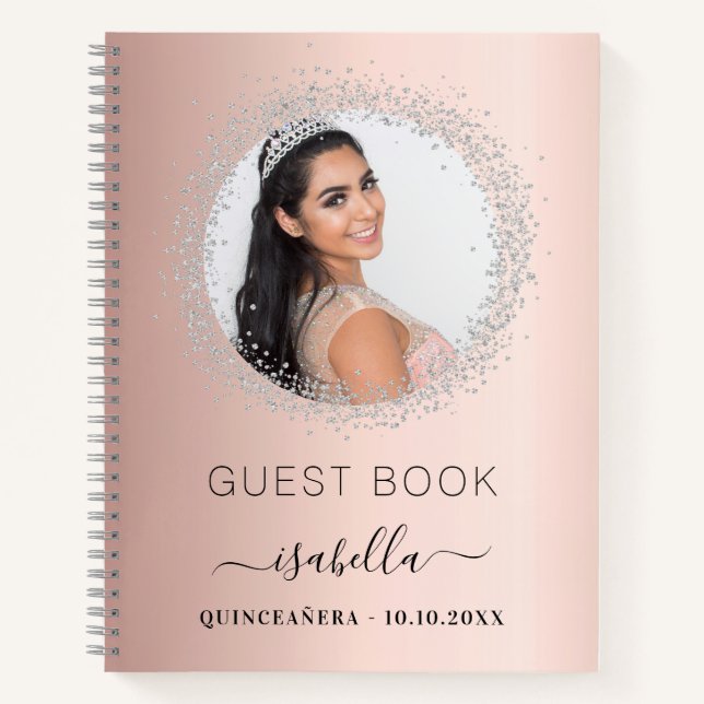 Livre d'hôte Quinceanera rose or argent photo (Devant)