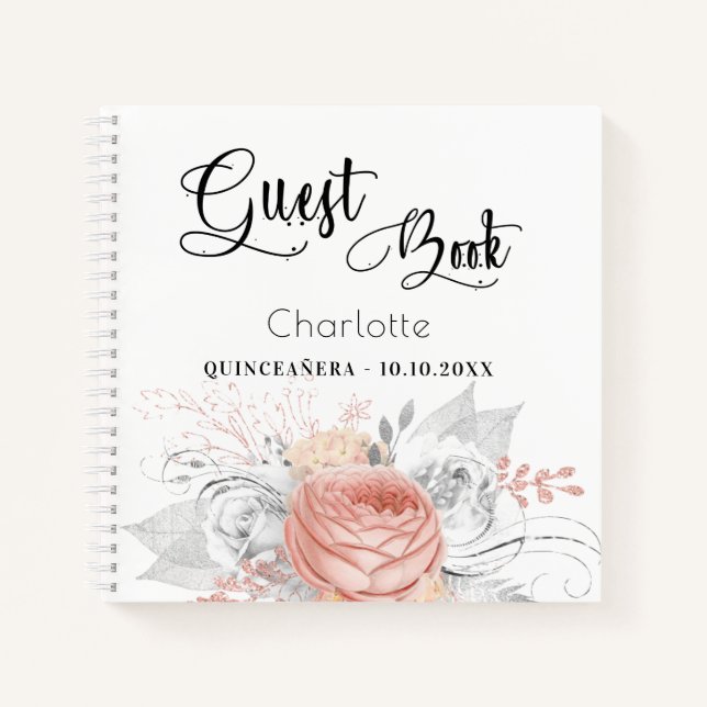 Livre d'hôte Quinceanera rose or floral argent (Devant)