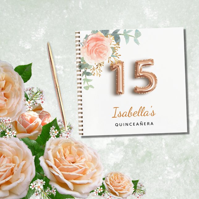 Livre d'hôte Quinceanera rose or floral eucalyptus (Créateur téléchargé)