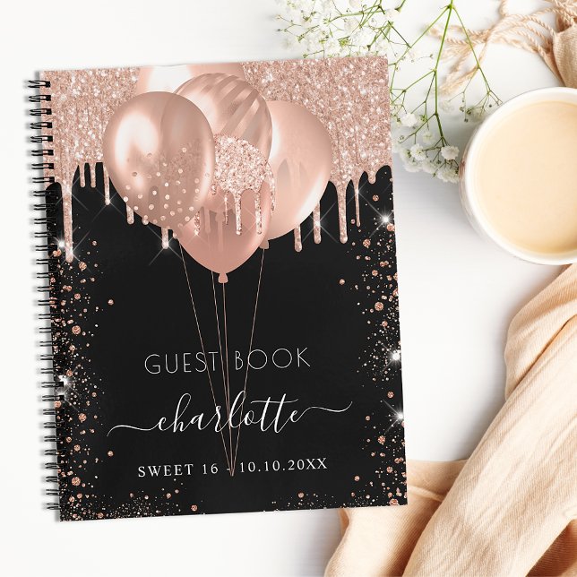 Livre d'hôte Sweet 16 roses noirs ballons d'or (Créateur téléchargé)