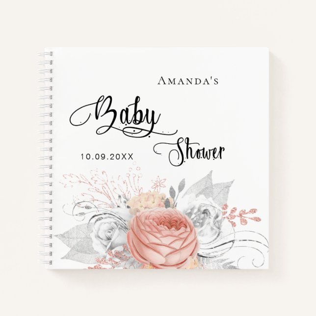 Livre d'hôtes baby shower rose or argent fleurs (Devant)
