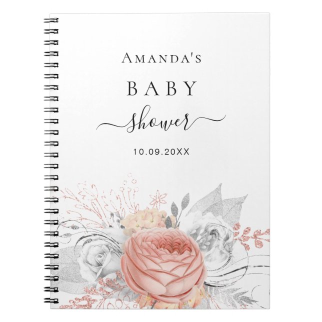 Livre d'hôtes baby shower rose or floral argent (Devant)