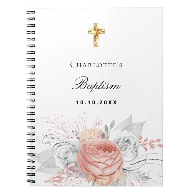 Livre d'hôtes baptême rose or florales argent (Devant)