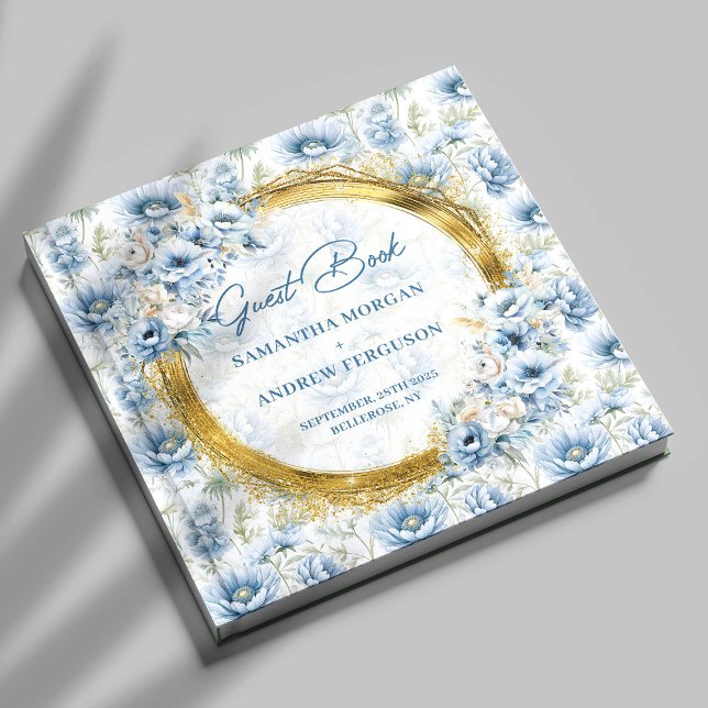 Livre d'hôtes de luxe Dusty Blue Gold Parties scin (Luxury Dusty Blue Gold Glitter Wedding Guest Book)