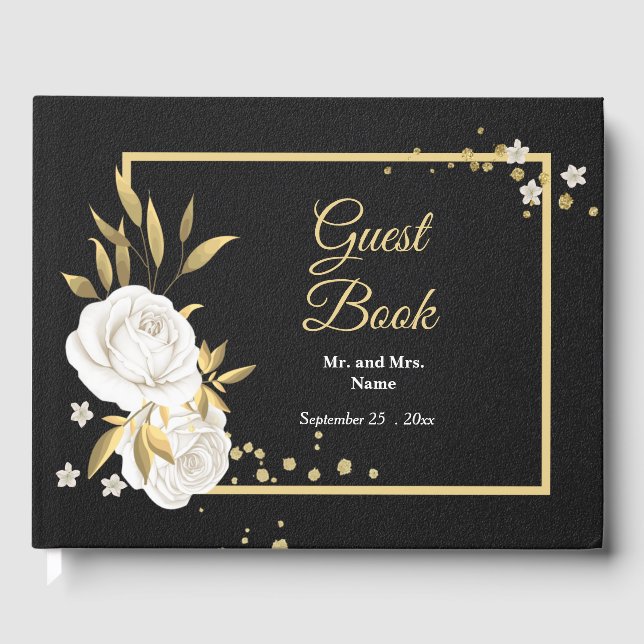 livre d'hôtes feuille noir chic blanc fleuri (Recto)