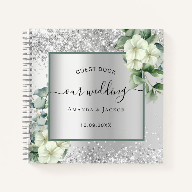 Livre d'hôtes mariage argent blanc florales eucaly (Devant)