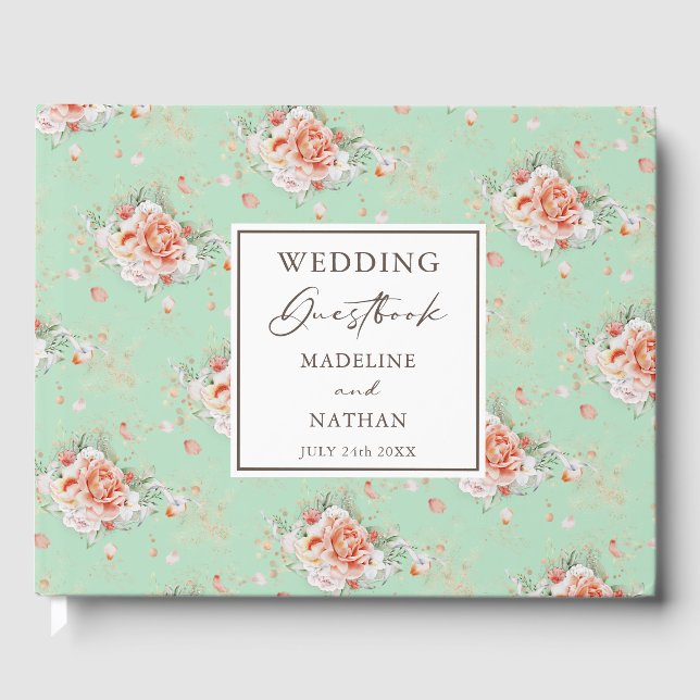 Livre d'hôtes Mint Green & Peach Floral Mariage (Recto)