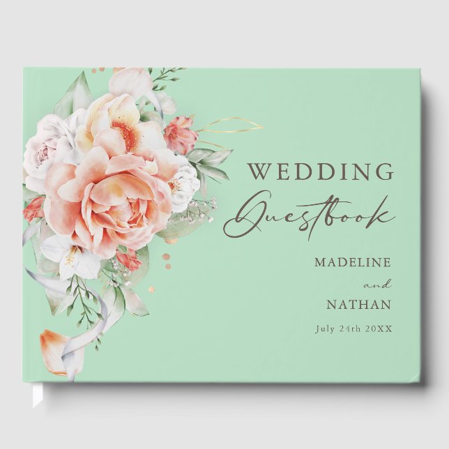 Livre d'hôtes Mint Green & Peach Floral Mariage (Recto)